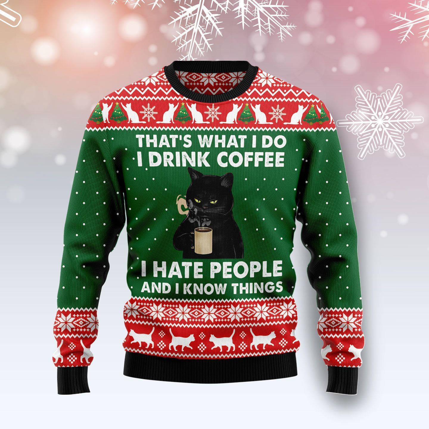 Black Cat Drink Coffee Ugly Christmas Sweater For Men & Women Adult