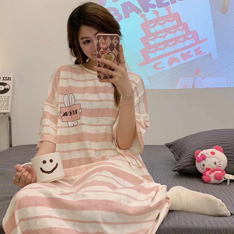 2022 Summer Cotton Short Sleeve Long Dress Nightgown for Women Casual Striped Loose Sleepwear Nightdress Night Dress Home Nighty alx