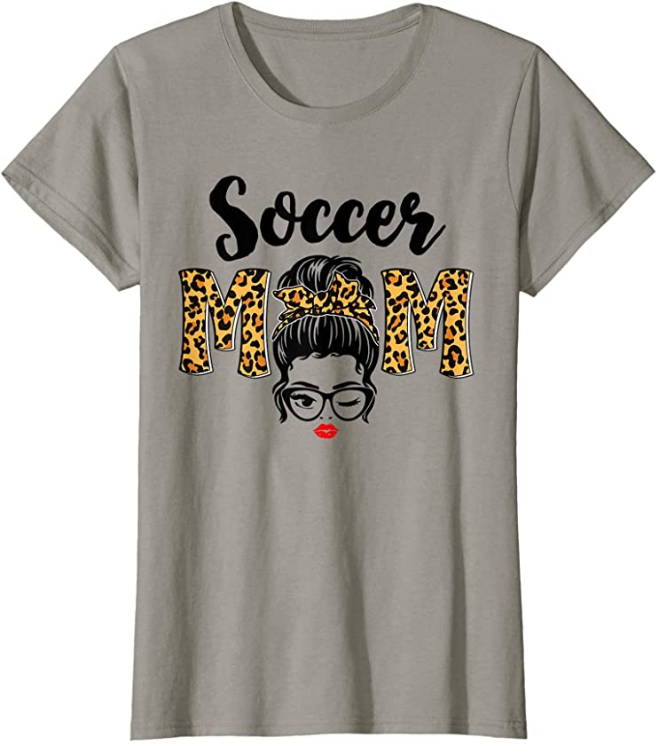 Womens Soccer Mom Shirt Funny Leopard Messy Bun Mom Mother’s Day T-Shirt