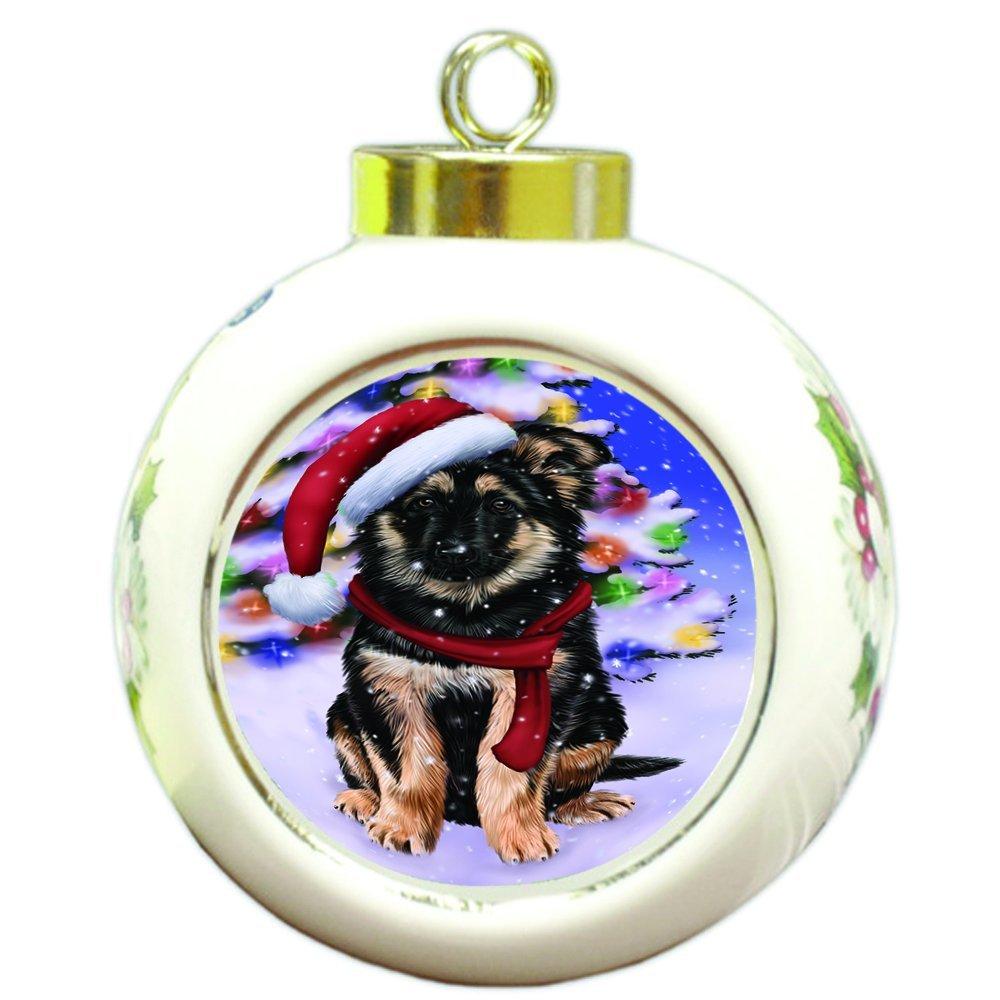 Winterland Wonderland German Shepherds Puppy Dog In Christmas Holiday Scenic Background Round Ball Ornament D568