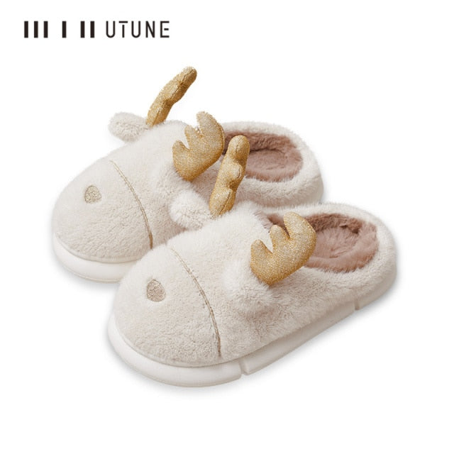 Microdeer Winter Women Furry Cartoon Slippers Rabbit Wool Home Shoes Eva Platform Slient Men Flat Shoes Pantuflas De Mujer Christmas