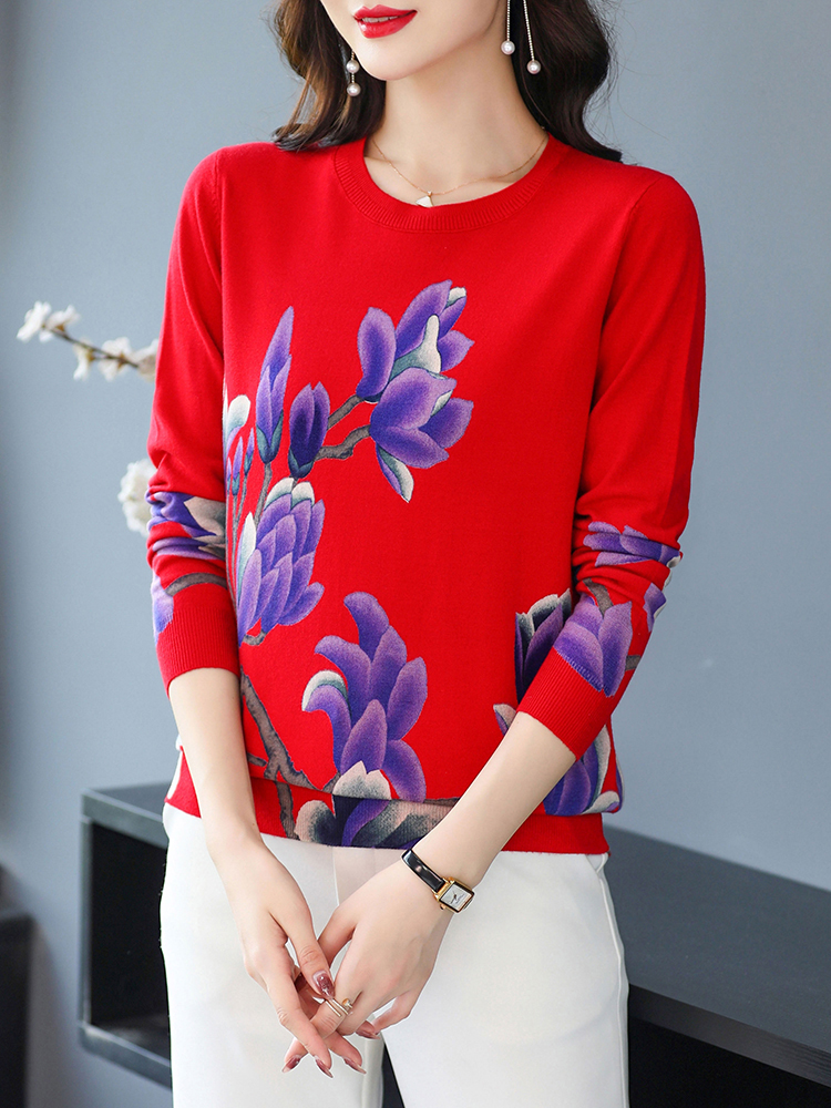 YISU 2022 Autumn Pullover Sweater Women Soft Loose O-Neck Knitted Sweaters Jumpers Female Rose printing leisure sweater Women alx