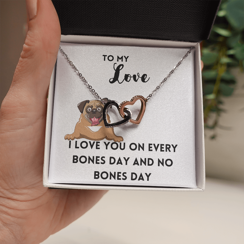 Bones Day, No Bones Day, Pug, Two Hearts Cubic Zirconia Necklace Gift, Pug Lovers