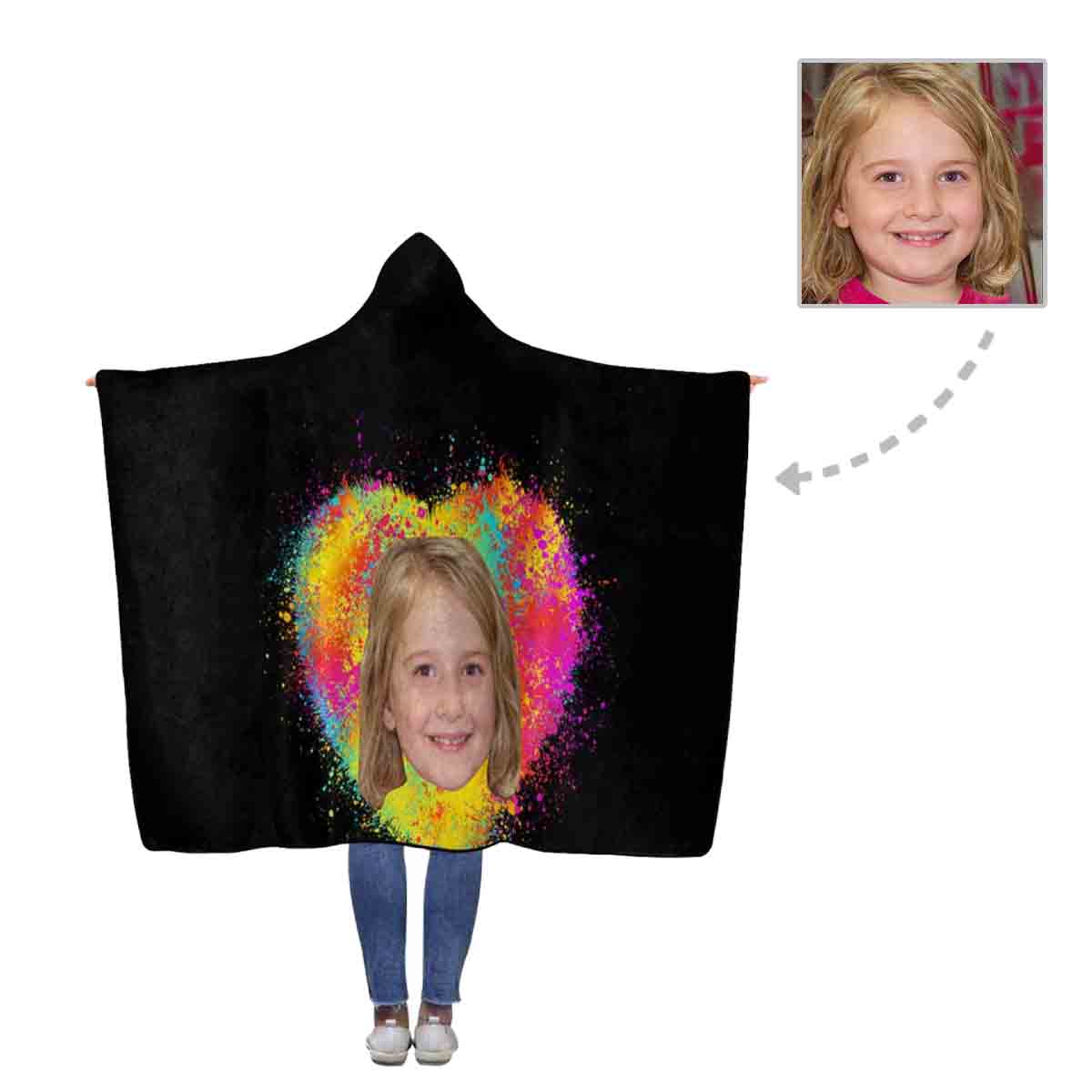 Custom Face Rainbow Heart Flannel Hooded Blanket