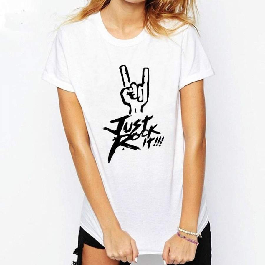 Summer Fashion T Shirt Women Tops Short Sleeve O-Neck White Tees Shirt Just Rock Letter Print T-Shirt Graphic Tees Womens Loose Pullover