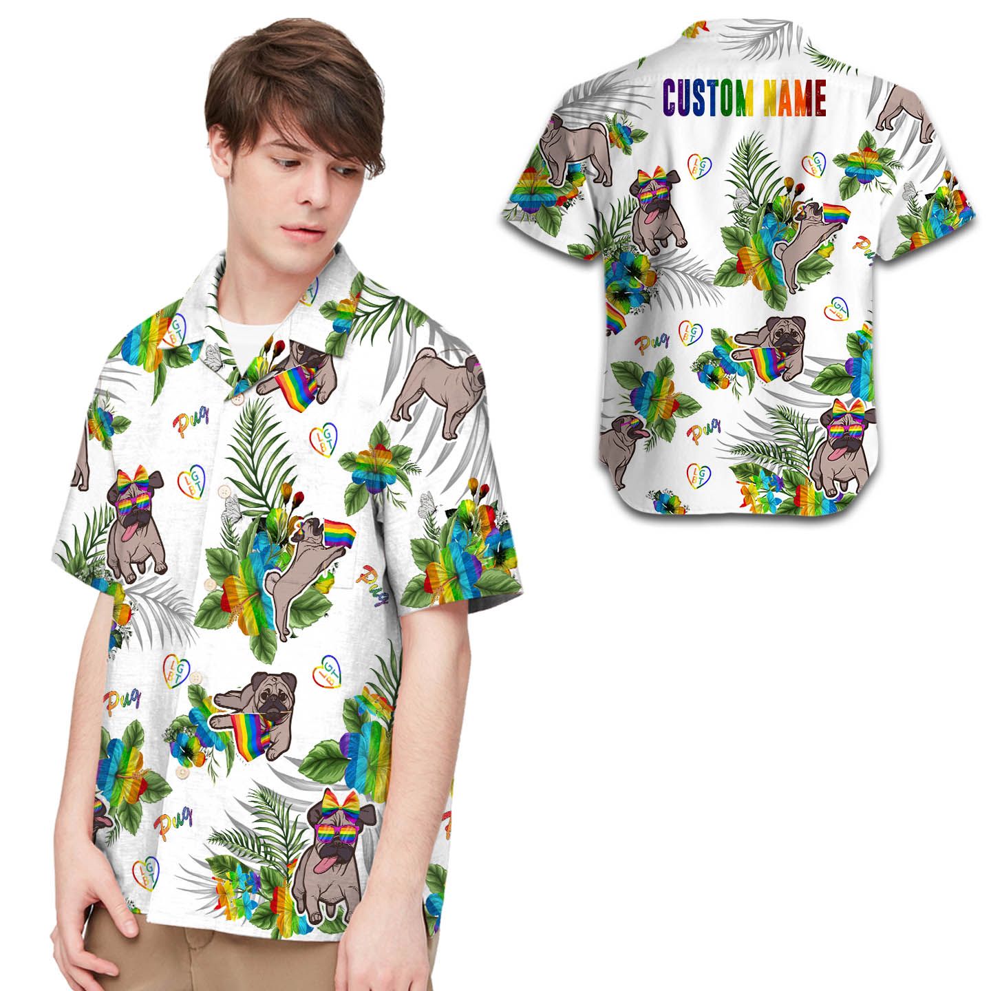 Lgbt Pug Hibiscus Flowers Custom Name Men Hawaii Shirt For Dog Lovers Ha9415