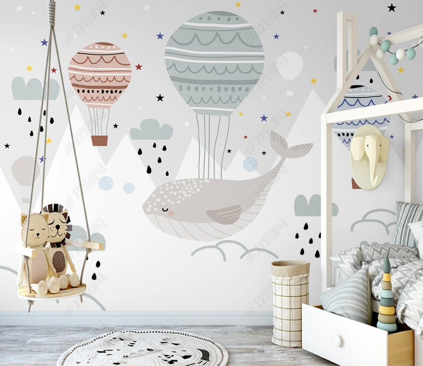 3D Cartoon Whale Mountain Hot Air Balloon Wall Mural Wallpaper Lqh 321