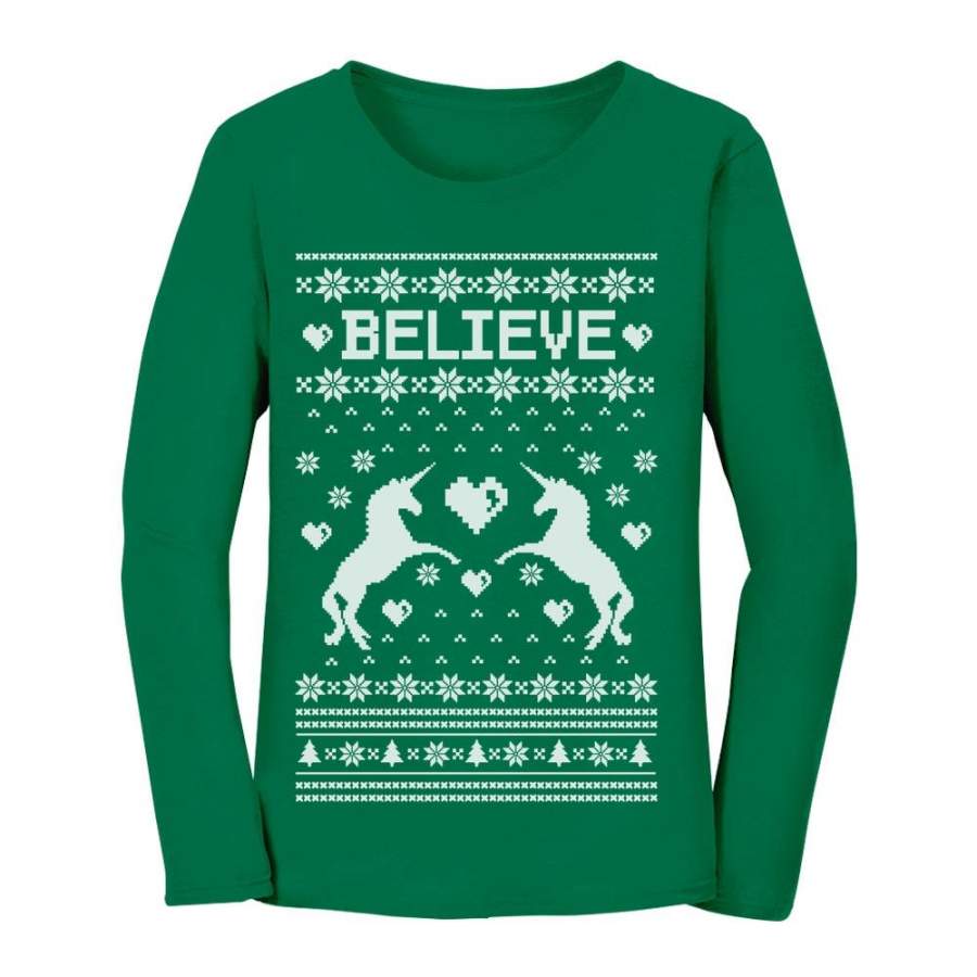 Believe in Unicorns Xmas Ugly Sweater Women Long Sleeve T-Shirt