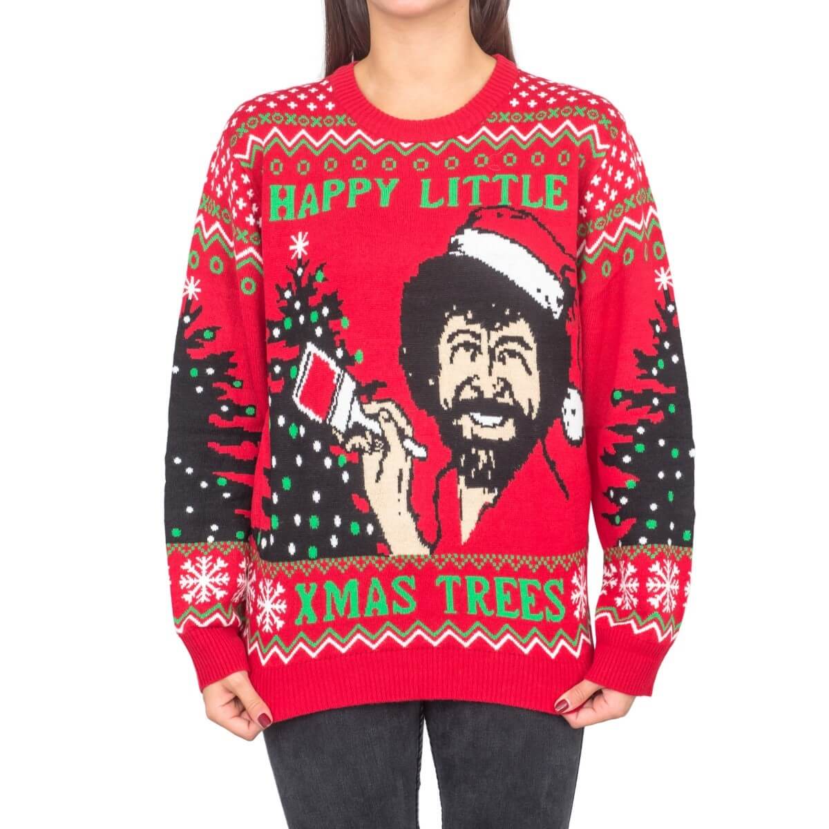 Women’S Bob Ross Happy Little Xmas Trees Ugly Christmas Sweater