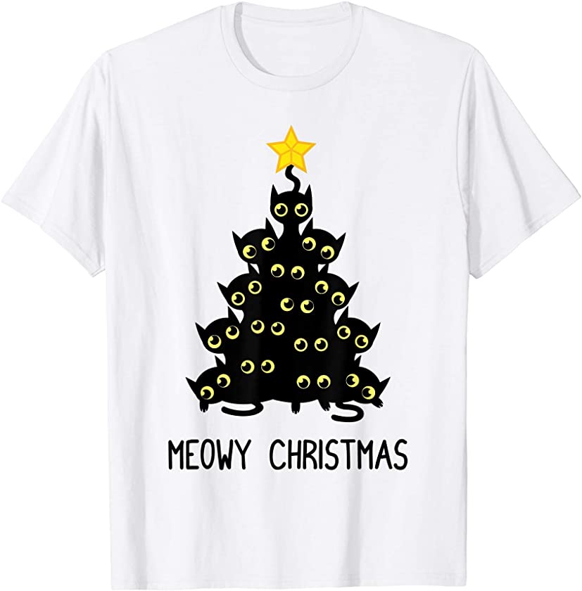 Cat Christmas Tree Shirt Cute Black Kitten Lover Meowy Gift T-Shirt