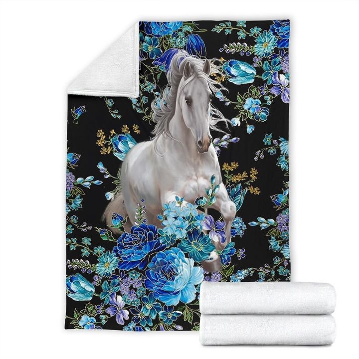 White Horse Flower Fleece Blanket, Horse Blanket, Horse Flower Blanket, Horse Farm Blanket, Farm Animal Blanket, Throw Blanket, Fleece Fabric