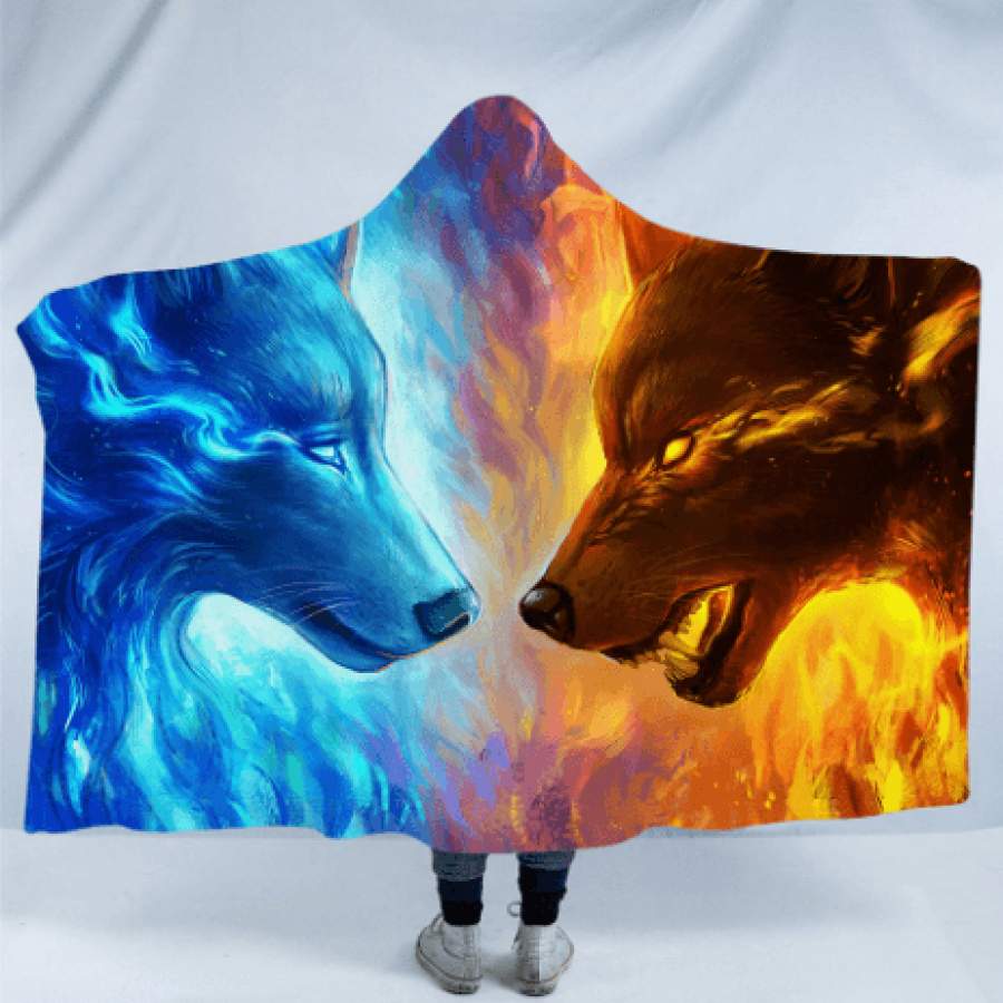 Fire and Ice by JoJoesArt Hooded Blanket 3D Wolves