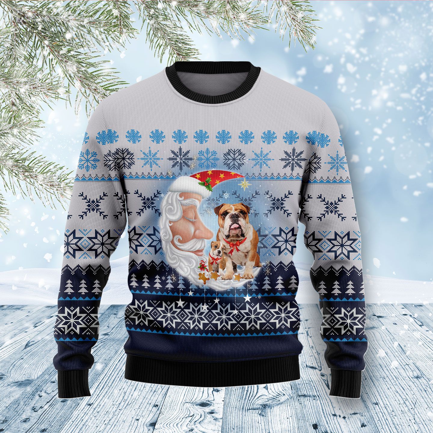 Bulldog Love Santa Moon Ugly Christmas Sweater | For Men & Women | Adult | Us5048