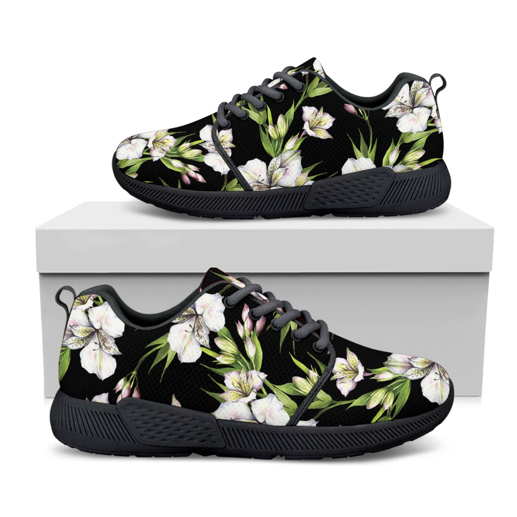 Watercolor Alstroemeria Pattern Print Black Athletic Shoes