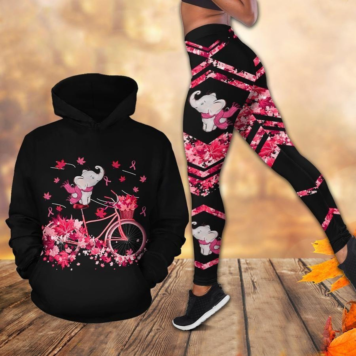 Autumn Pink Elephant Pink Legging Hoodie, Breast Cancer Awareness Legging Hoodie