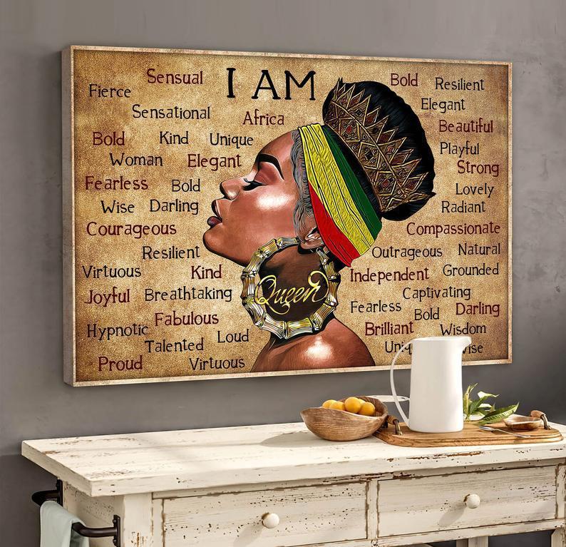 I Am Black Queen Canvas Art, Black Women Pride Poster, Black Girl Wall Art