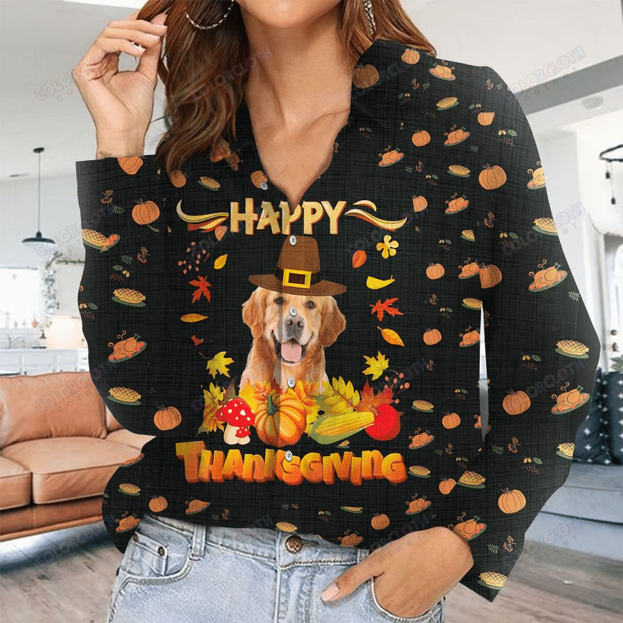 Happy Thanksgiving Golden Retriever Dog Women Linen Shirt Tv056952