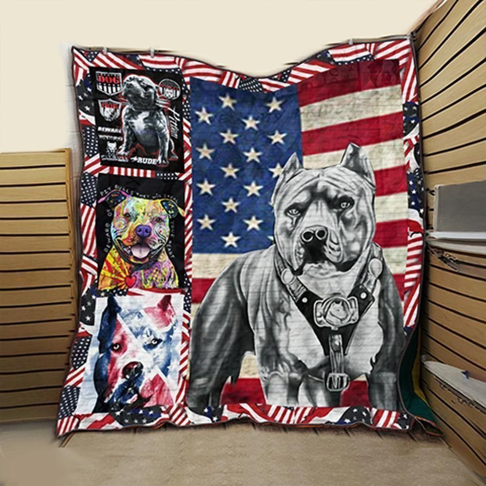 Pitbull Puppy Dogs Flag American Quilt Blanket