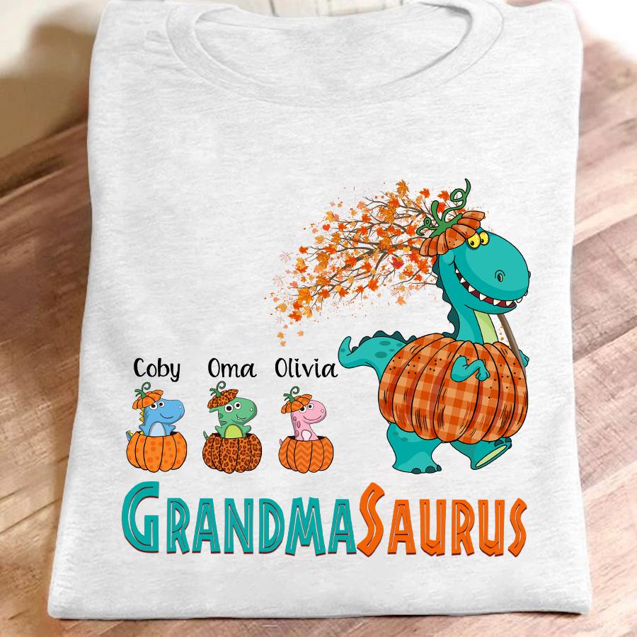 Grandma Pumpkin Saurus Fall Personalized With Grandkids Shirt Gift