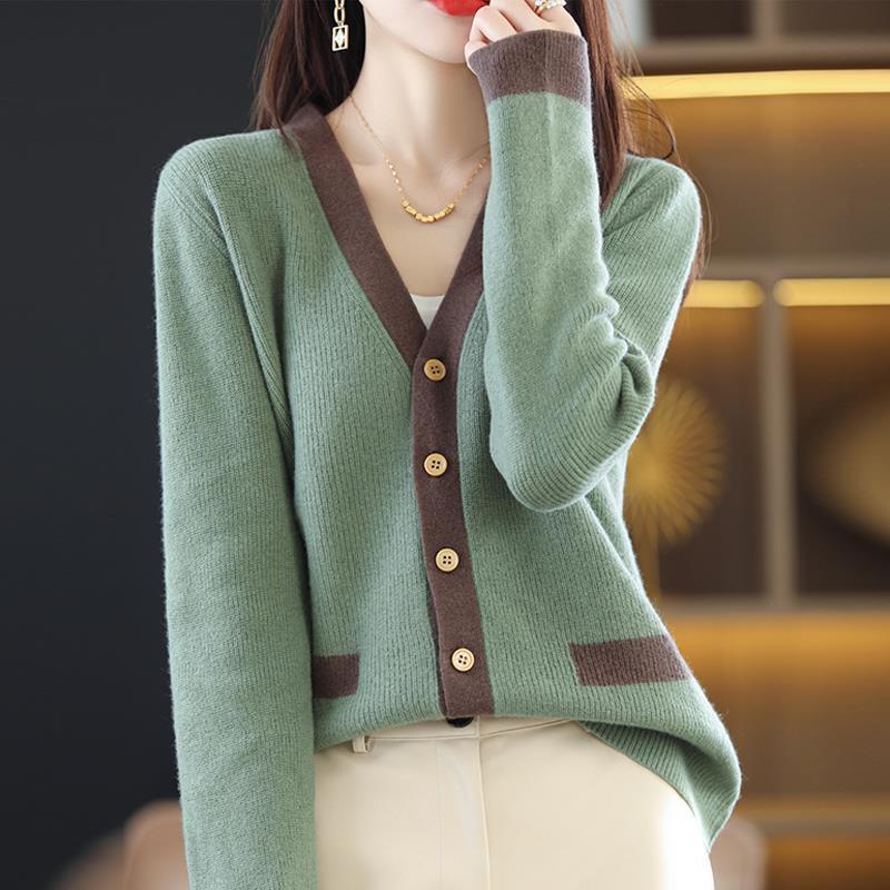 Women’s Cardigan Spring and Autumn New Korean V-neck Sweater Female Color Knit Cardigan Loose Sweater Sweater Top Women’s Coat alx