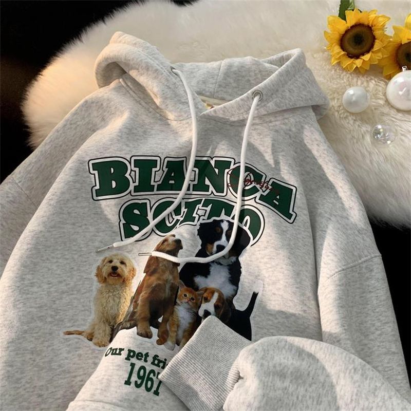 American cute puppy print hooded sweater for men and women spring and autumn fashion label loose lovers coat college style top alx