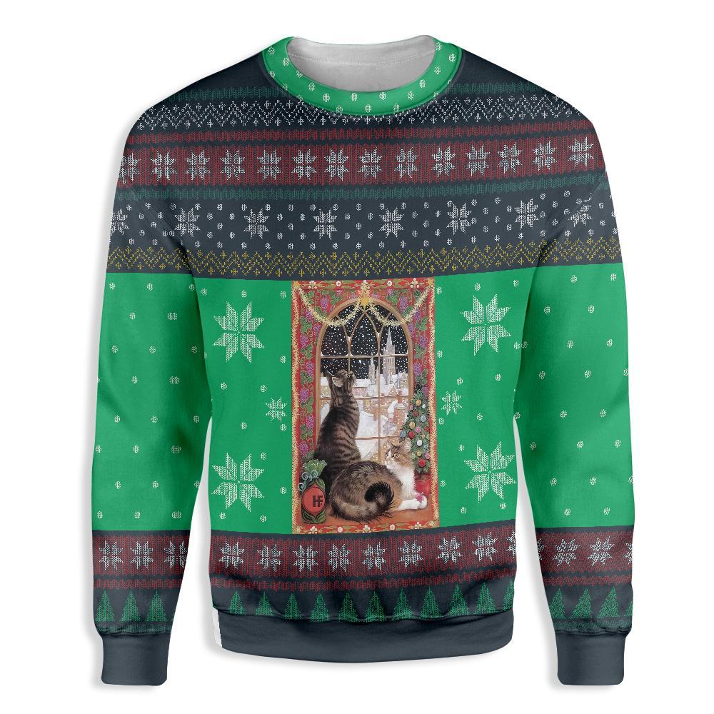 Cat Christmas Snow Window Ugly Christmas Sweater | For Men & Women | Adult | Us5396