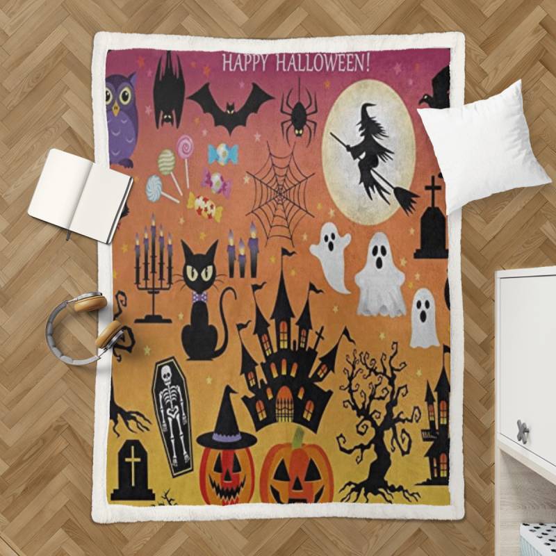 Sherpa Blanket Halloween Pumpkin Ghost House Bed Throw