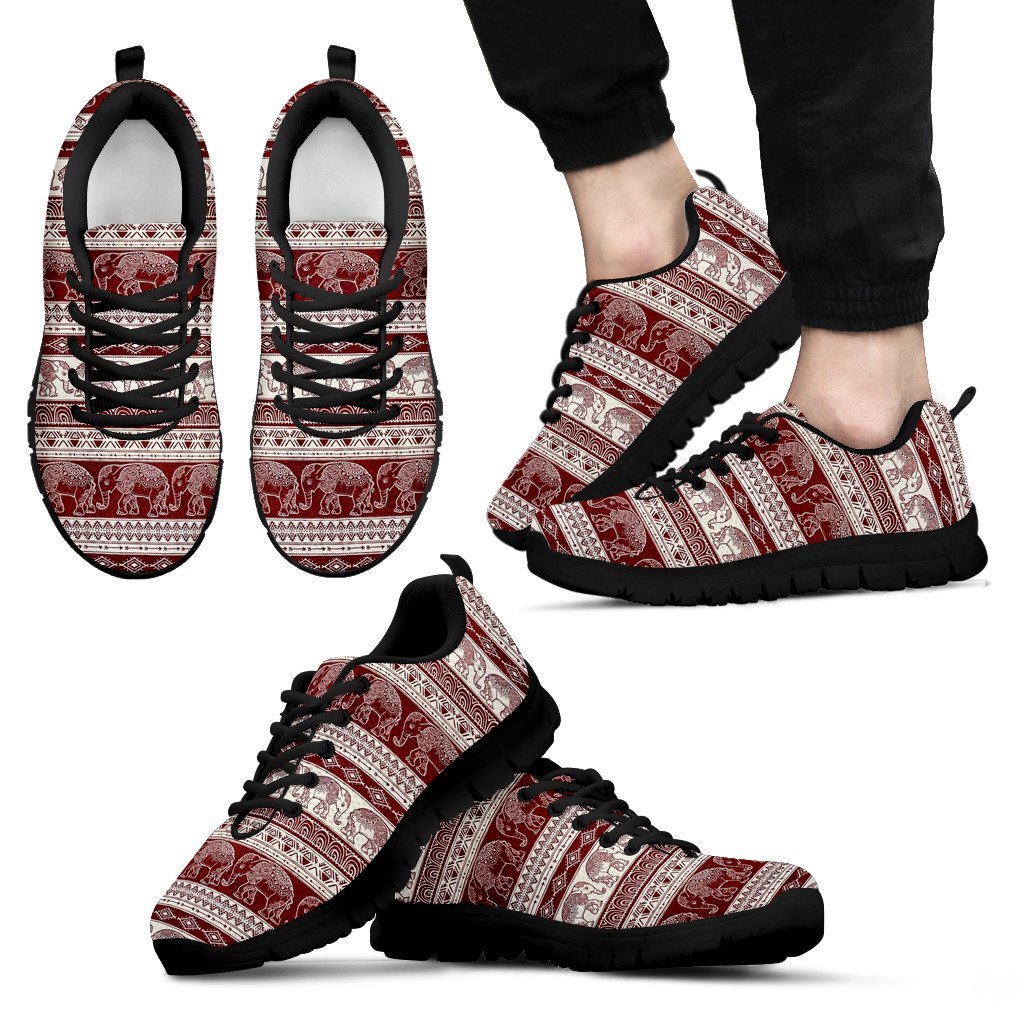 Red Aztec Elephant Pattern Print Black Sneaker Shoes For Men Women