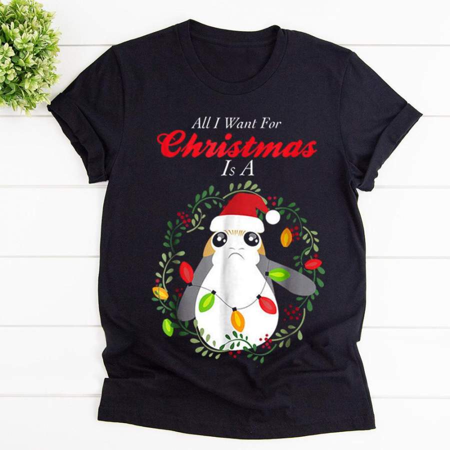 Cute penguins all i want for christmas is penguins christmas wreath xmas light best gift black cotton t shirt for men and women S-6XL