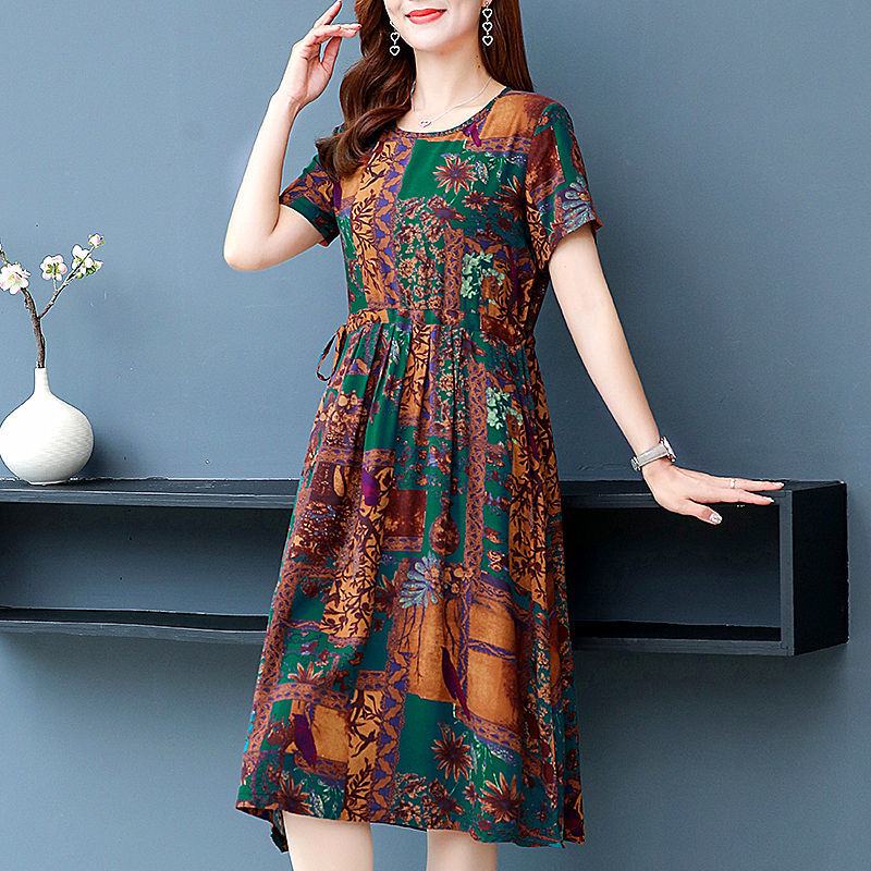 Vintage Floral Striped Folds Dresses Spring Summer 2022 New Short Sleeve Round Neck Loose Oversized Midi Dress Women’s Clothing alx