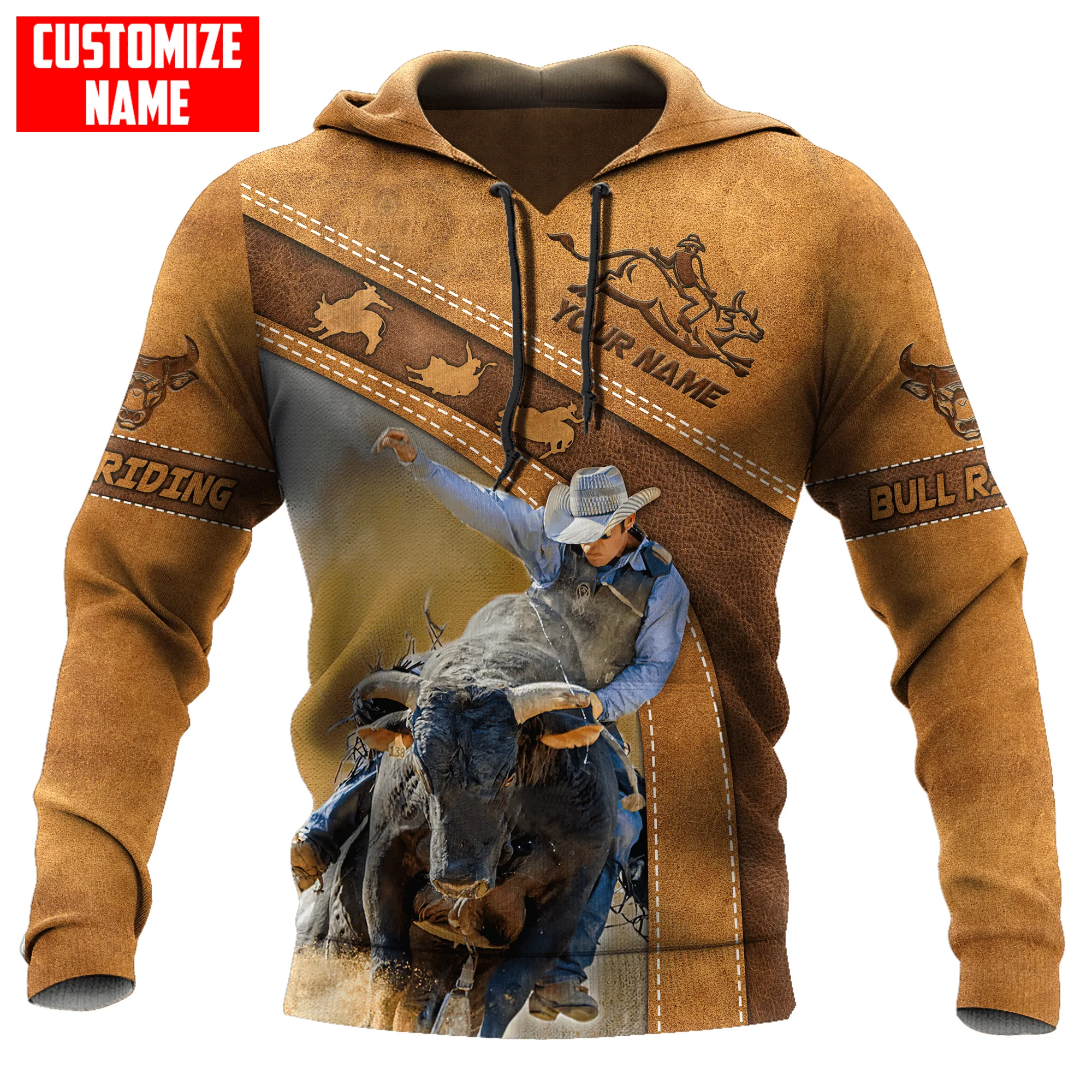 Personalized Bull Riding Hoodie Brown Leather Pattern, Cool Bull Riding Gift For Him Her