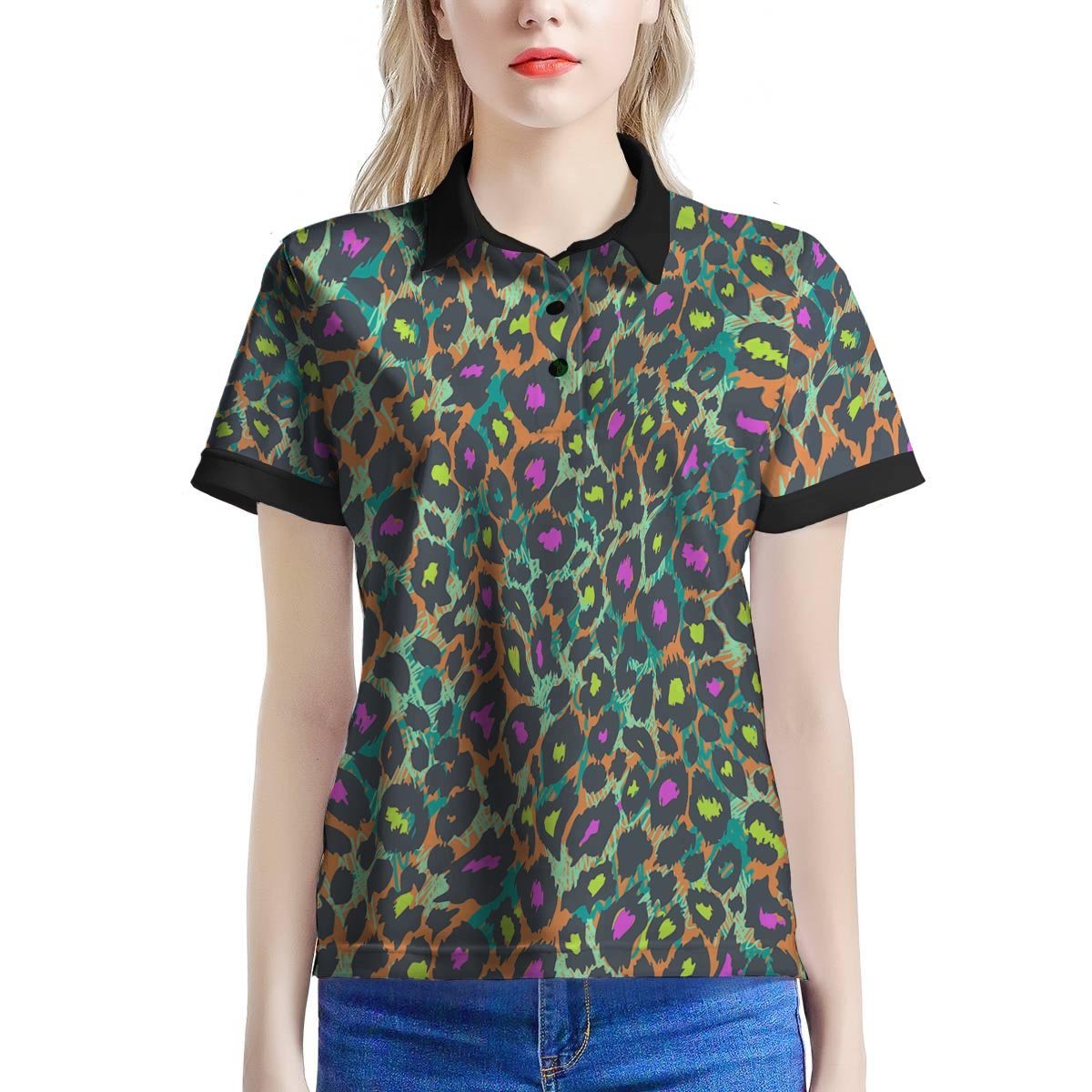 Colorful Neon Leopard Women’S Polo Shirt