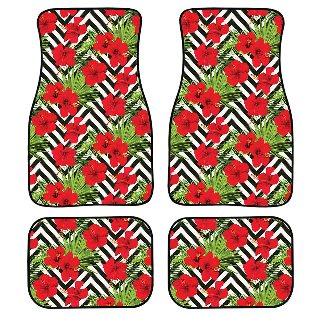 Red Hibiscus Chevron Pattern Print Front And Back Car Floor Mats, Front Car Mat