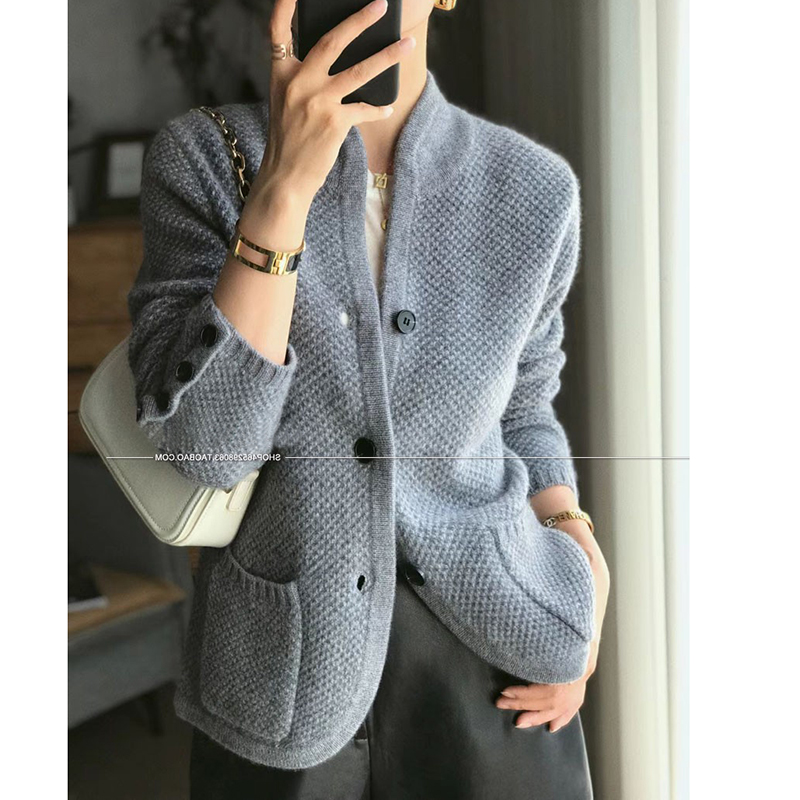 Autumn Winter New Pure Cashmere Wool Cardigan Women Stand Collar Thickened Sweater Loose Knitted Undercoat Jacket European Tops alx