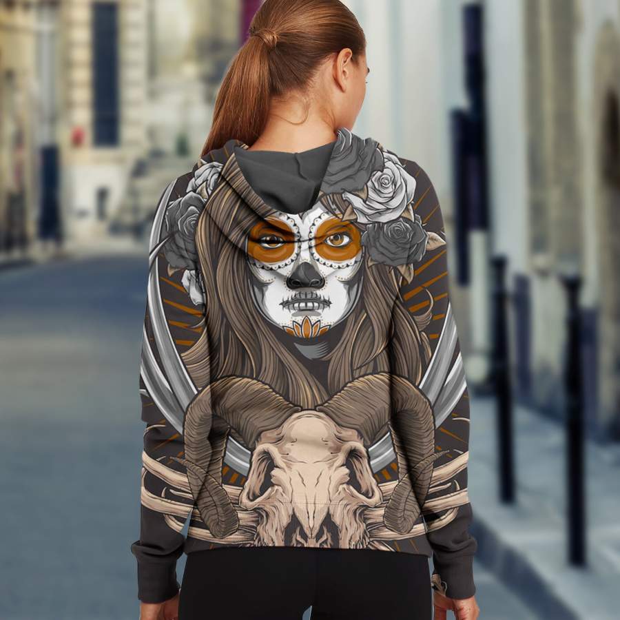 3D Sugar Skull Deer Skull Floral Skull Unisex Zip up Hoodie 004