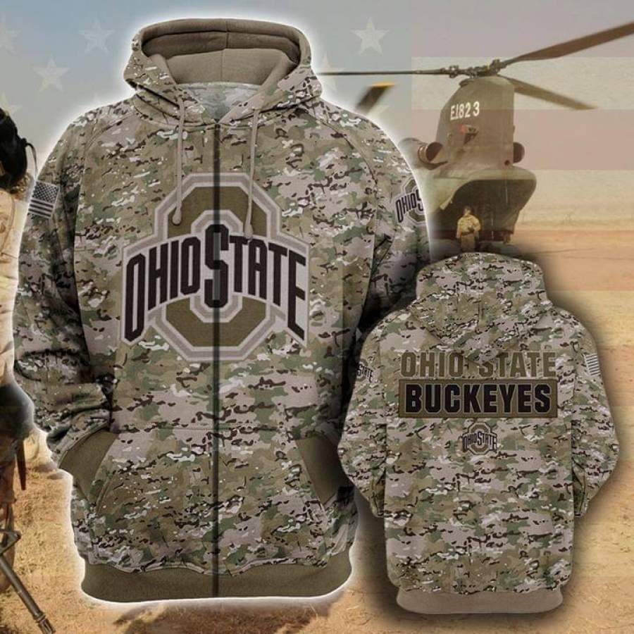 Ohio State Buckeyes Camouflage Veteran Zip Hoodie Unisex 3D All Over Print