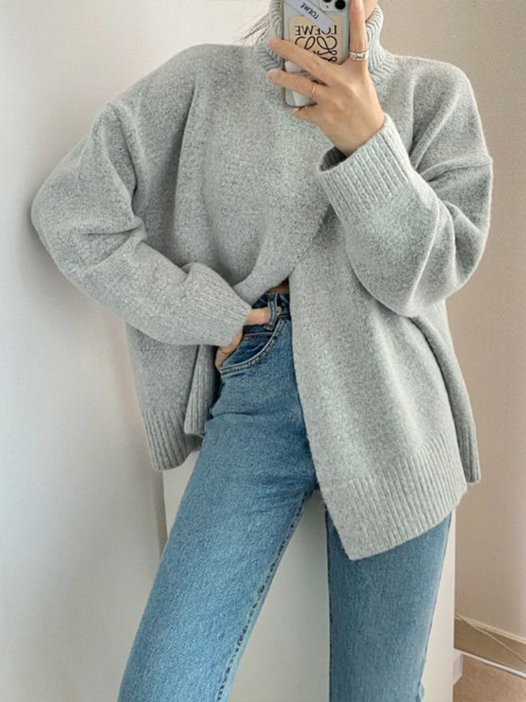 Vintage Turtleneck Sweater Women Autumn Winter Korean Fashion Front Split Knitted Pullovers Loose Casual Knitwears Jumper Female alx