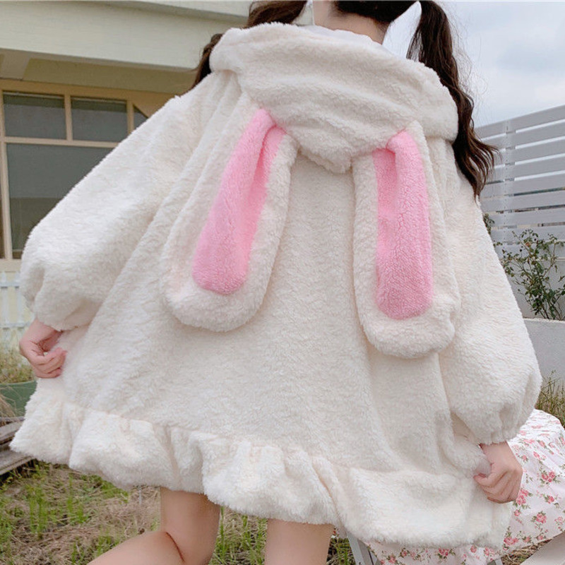 Autumn Winter Women Harajuku Kawaii Rabbit Ear Hooded Sweatshirt Loose Long Ruffle Hem Fleece Hoodie Cute Warm Zip-Up Streetwear alx