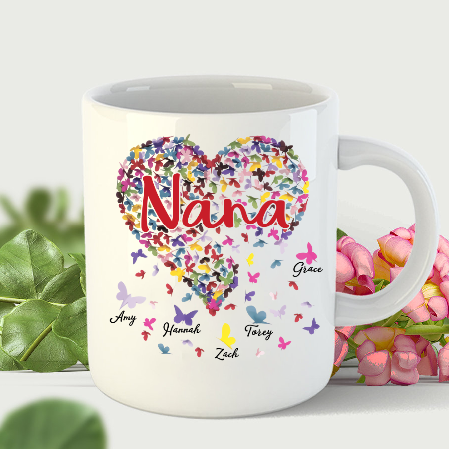 Nana And Grandkids Heart Butterfly Mug