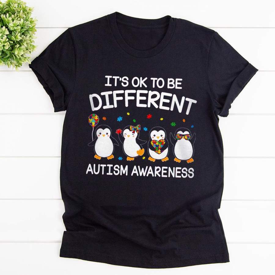 Autism awareness it’s ok to different autism awareness cute penguins black cotton t shirt for men and women S-6XL