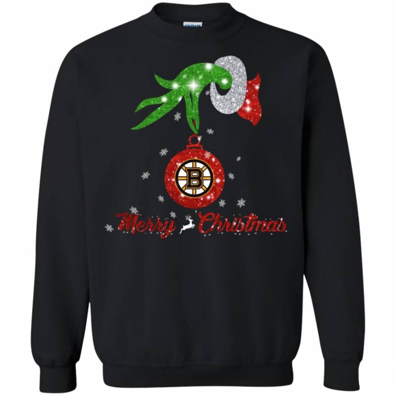 Grinch Hand Ornament Boston Bruins Glitter Christmas Shirts