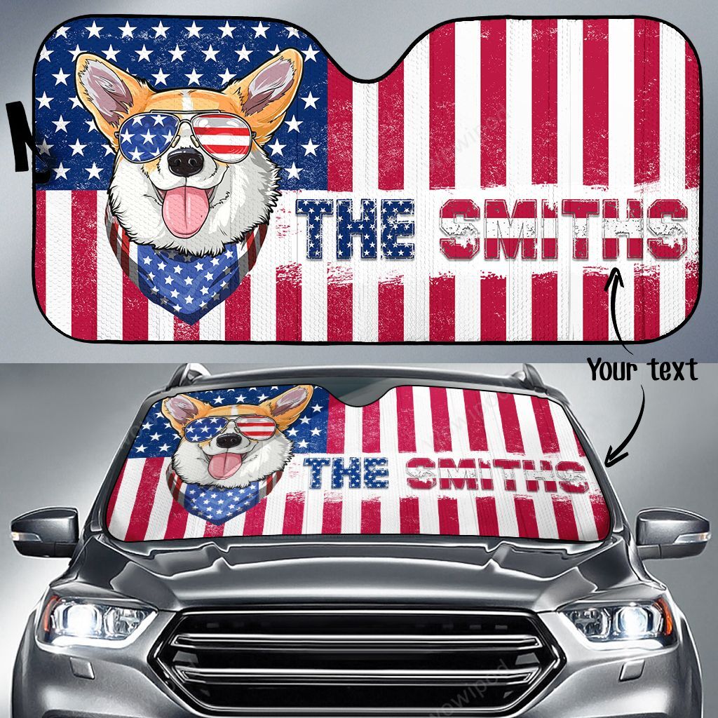 Corgi American Flag Custom Name Car Sun Shade 11 NDC0157