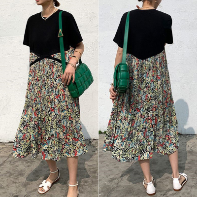 2021 Summer Plus Size 5XL Women’s Dress Short Sleeve T-Shirt Dress Print Patchwork Pleated Robe Fake Two Piece Dress KE1062 alx