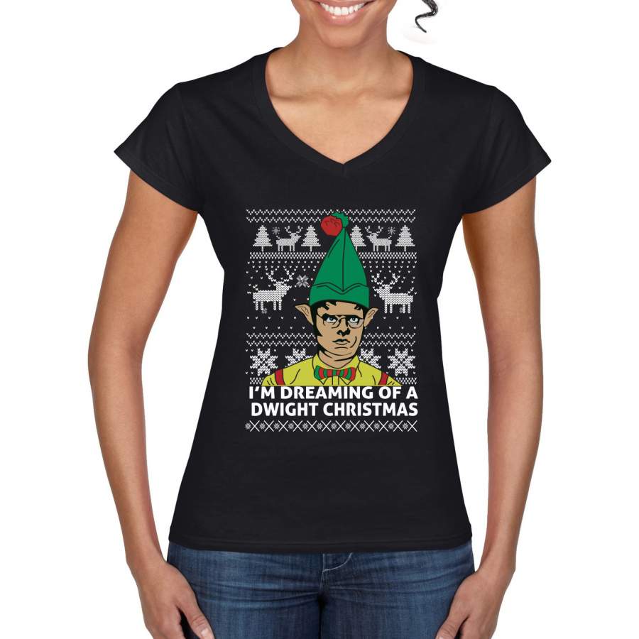 The Office Dwight Dreaming Of A Dwight Christmas Ugly Christmas Sweater Women’s Standard V-Neck Tee