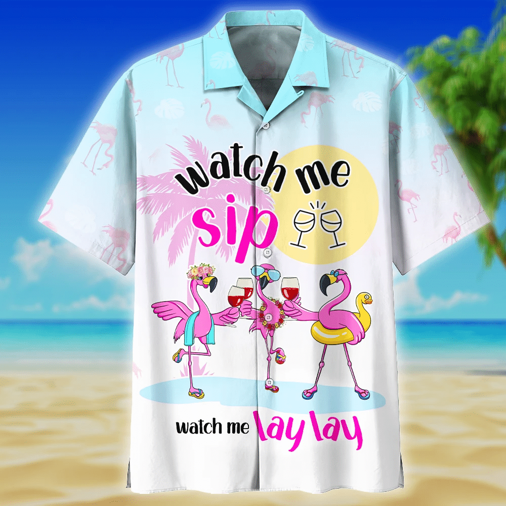 Flamingo Drink Wine Watch Me Sip Laylay Print Short Sleeve Hawaii Casual Shirt Ha71812