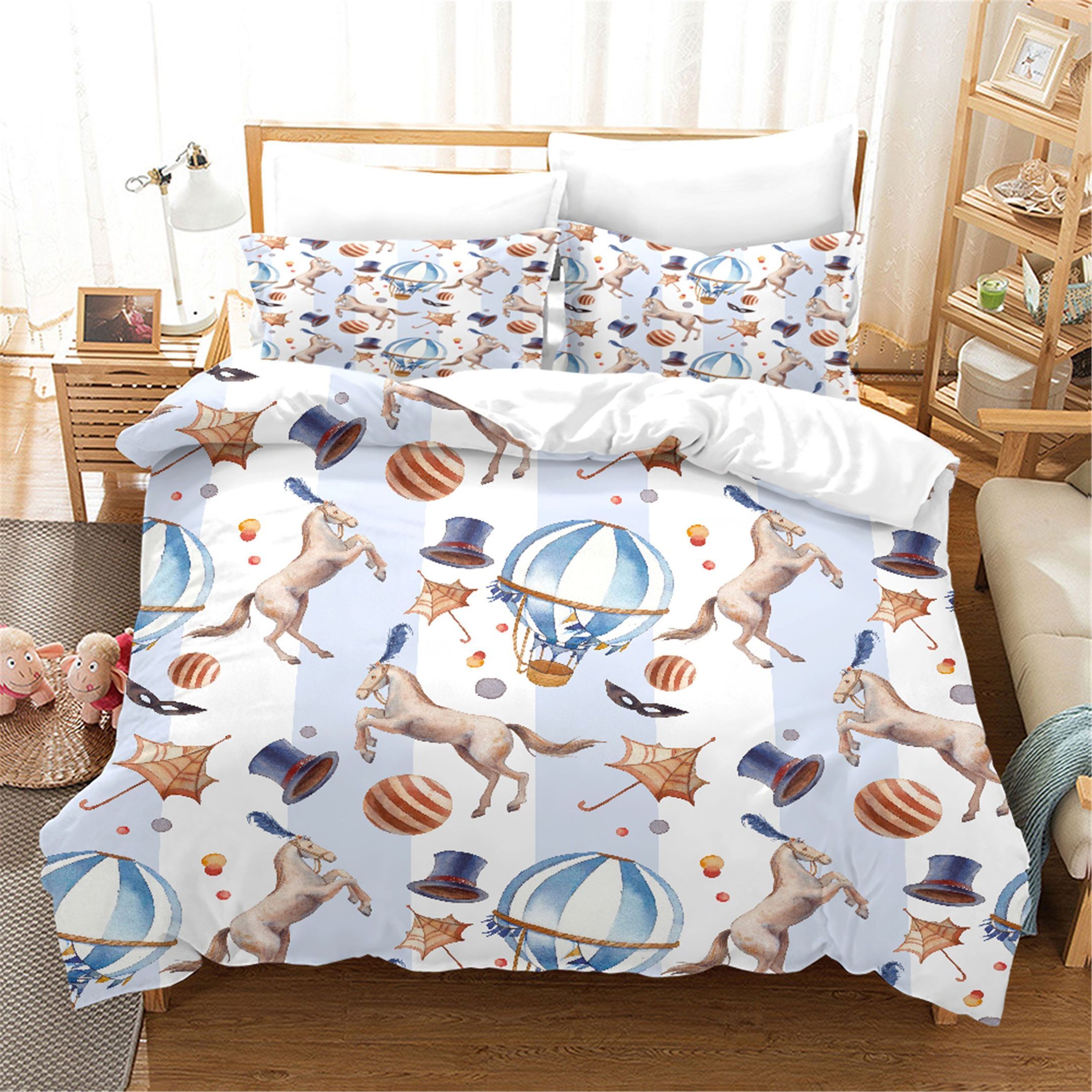 3D Blue Circus Stripes Horse Hot Air Balloon Printed Bedding Set Bedroom Decor