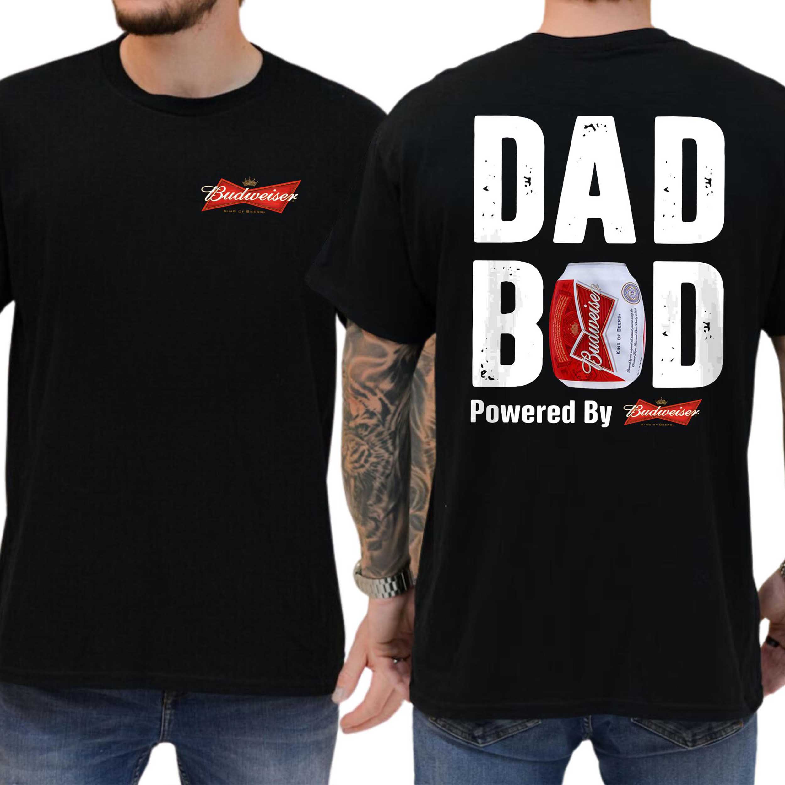 Budweiser Dad Bod Powered By Budweiser T-Shirt, Funny Beer Drink Shirt for Men, Drinking Tee for Daddy, Casual Cotton Top, Classic Menswear Top