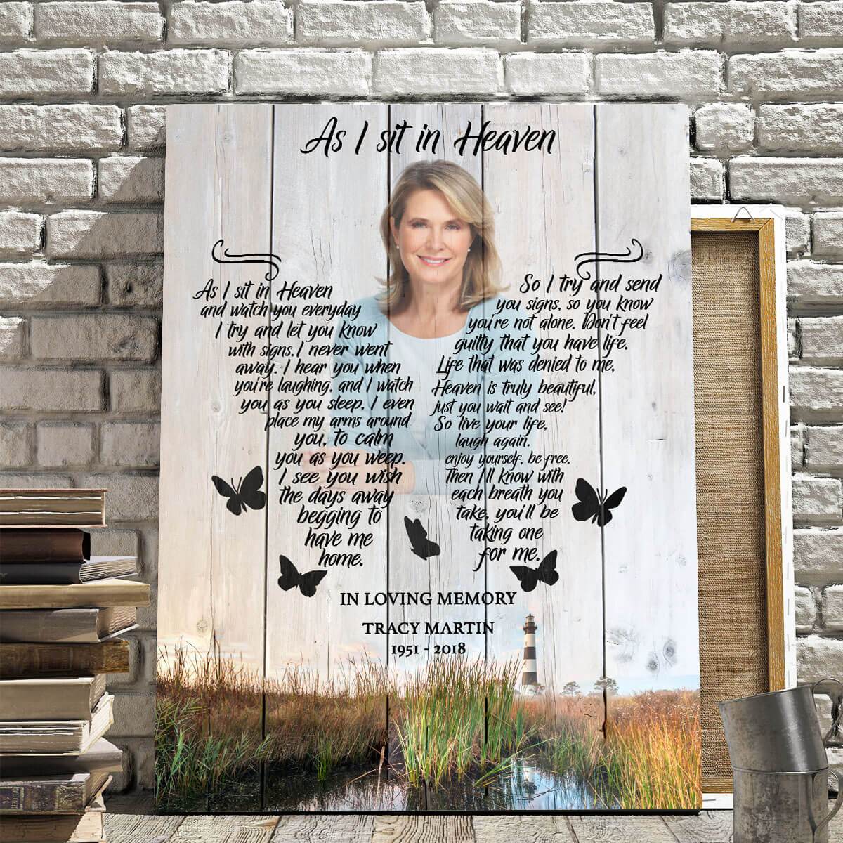 As I Sit In Heaven Lighthouse Background, Personalized Photo Memorial Poster Canvas, Gift For Family Gift for Remembrance Home Decor Wall Art Visual Art