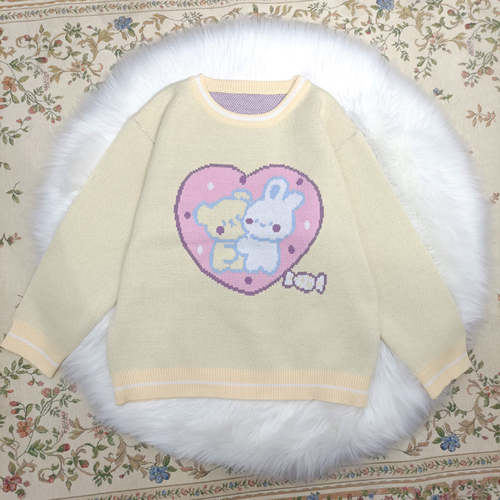 Sweet Cartoon Knitted Sweater Women Japan Harajuku Cute Bear Rabbit Print Lolita Loose Pullover Chic Clothes For Girly In Autumn alx