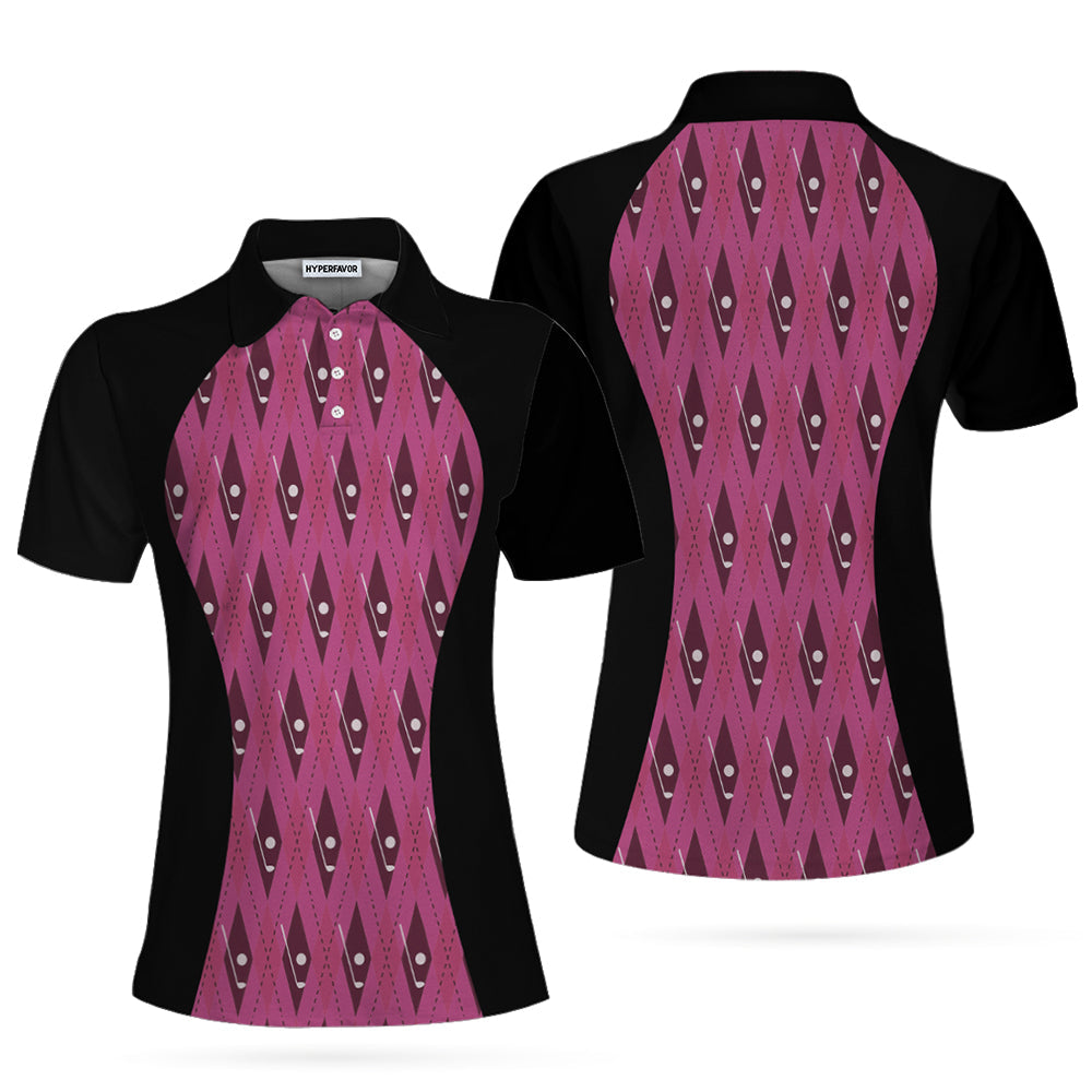 Pink Argyle Thinning Layout For Lady Golfer Golf Short Sleeve Women Polo Shirt, Black And Pink Golf Shirt For Ladies Coolspod